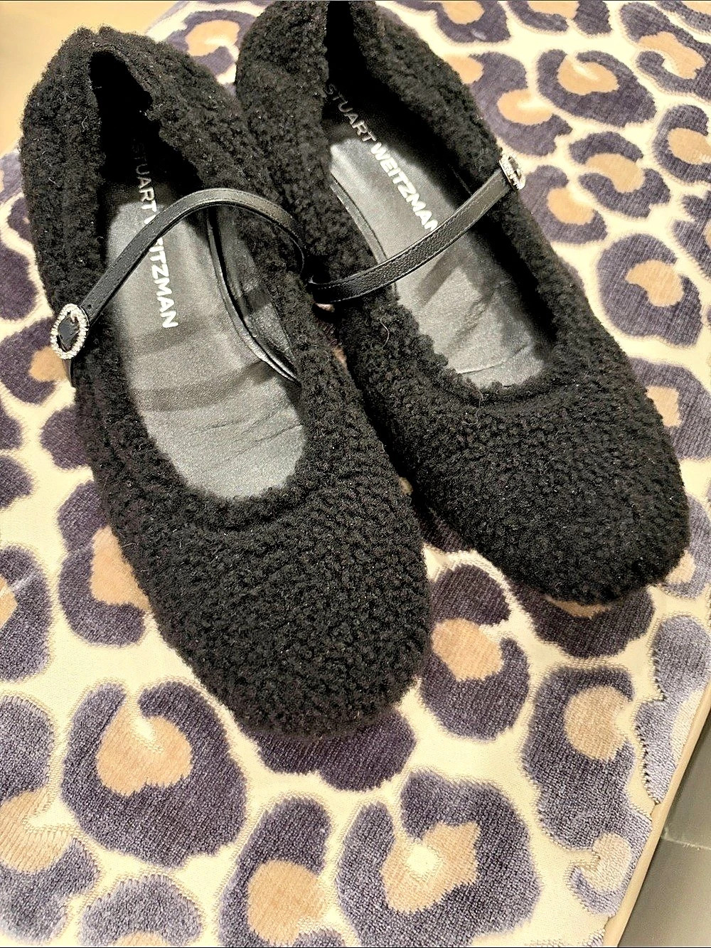 Stuart Weitzman Dakota Shearling Mary Jane Flat Black Buckle Flats